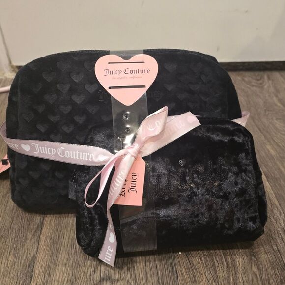 Juicy Couture Signature Logo Heart Embossed 2-PC Velour Travel Cosmetic Bag Set - Picture 4 of 10
